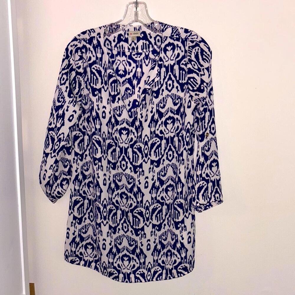 Cremieux Blue and White Abstract Paisley Print Semi Sheer Blouse Career work